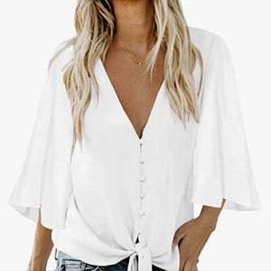 luvamia Women's Casual V Neck Tops 3/4 Sleeve Tie Knot Blouses Solid Button Down